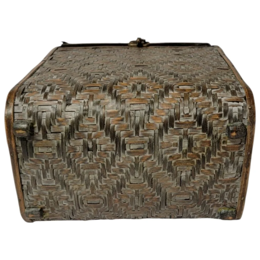 Vintage Geometric Wicker Wood Treasure Chest Basket Purse Bag Hinged Lid Latch